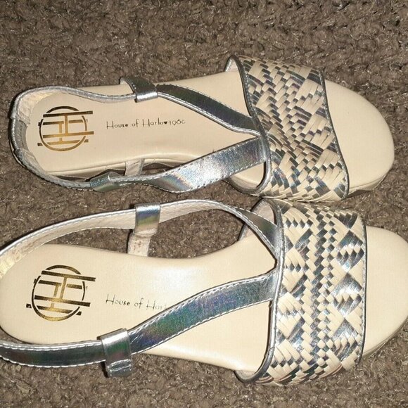 HOUSE OF HARLOW 1960-Woven Pattern Leather Wedge-Beige/Silver-Sz 36-NWT - Picture 6 of 7